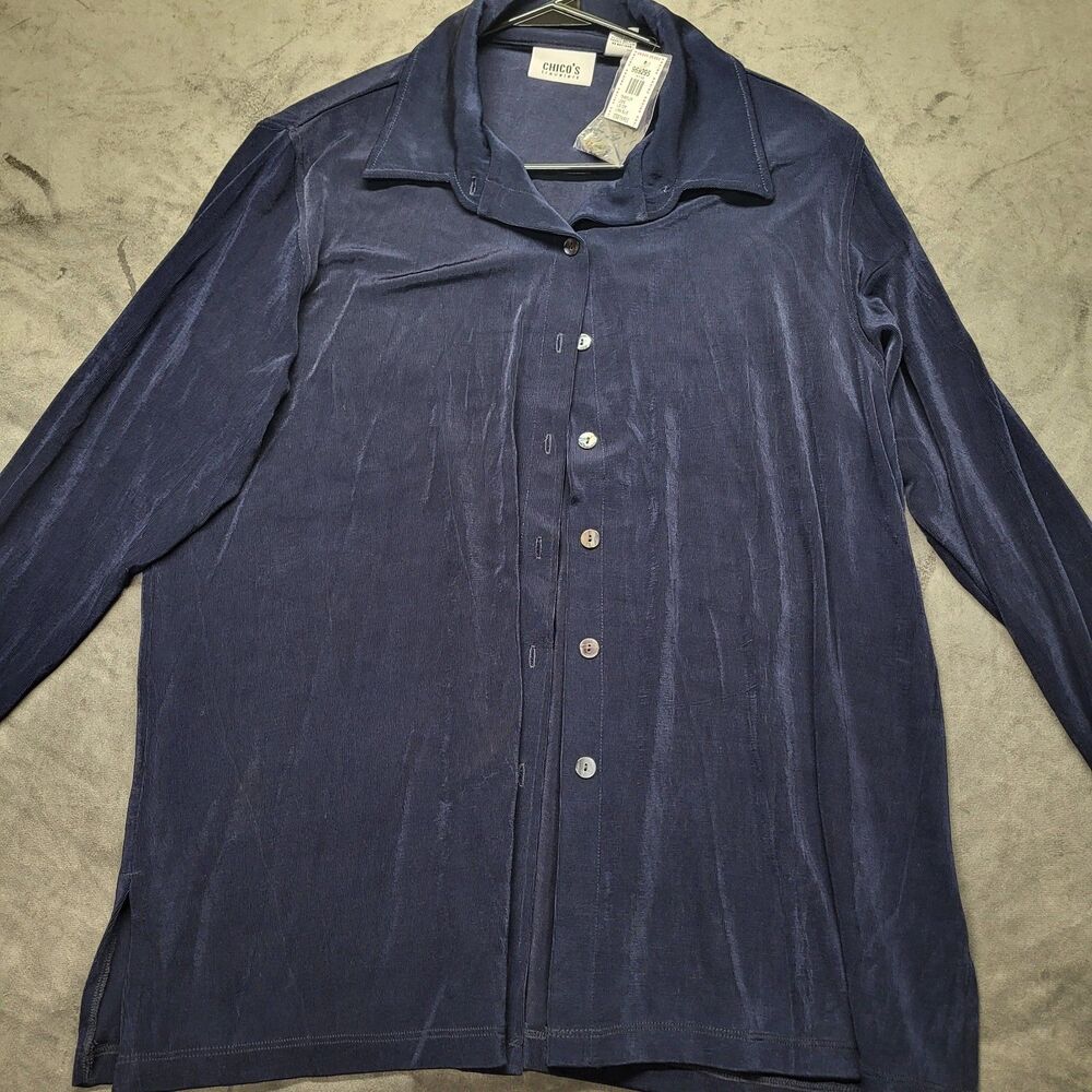 Chico's Travelers Navy Slinky Blouse Stretchy Button Down Sz 3